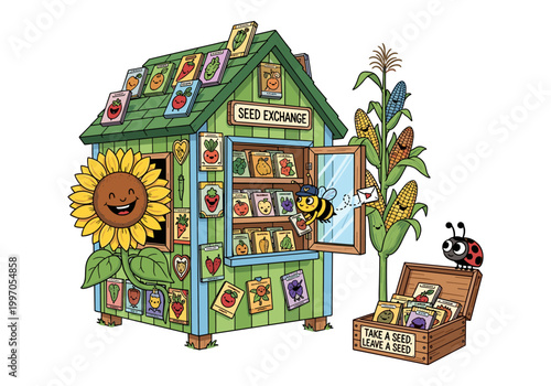 Cute seed exchange shed with happy sunflower, bee, corn, and ladybug characters