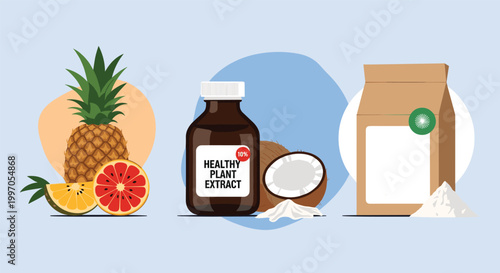 Selection of healthy plant extracts including pineapple and grapefruit with a medicinal bottle and coconut ingredients on blue.