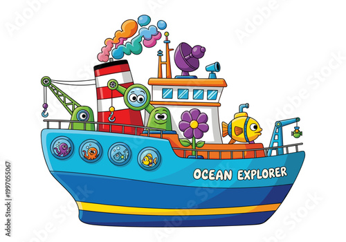 Cute cartoon ocean explorer ship with submarine and sea creatures onboard