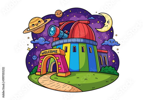 Cute cartoon observatory with planets and moon under starry night sky
