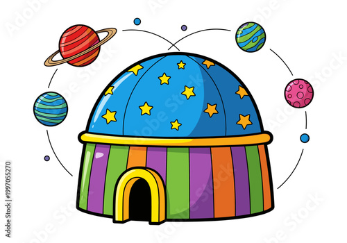 Colorful cartoon planetarium building with orbiting planets and stars