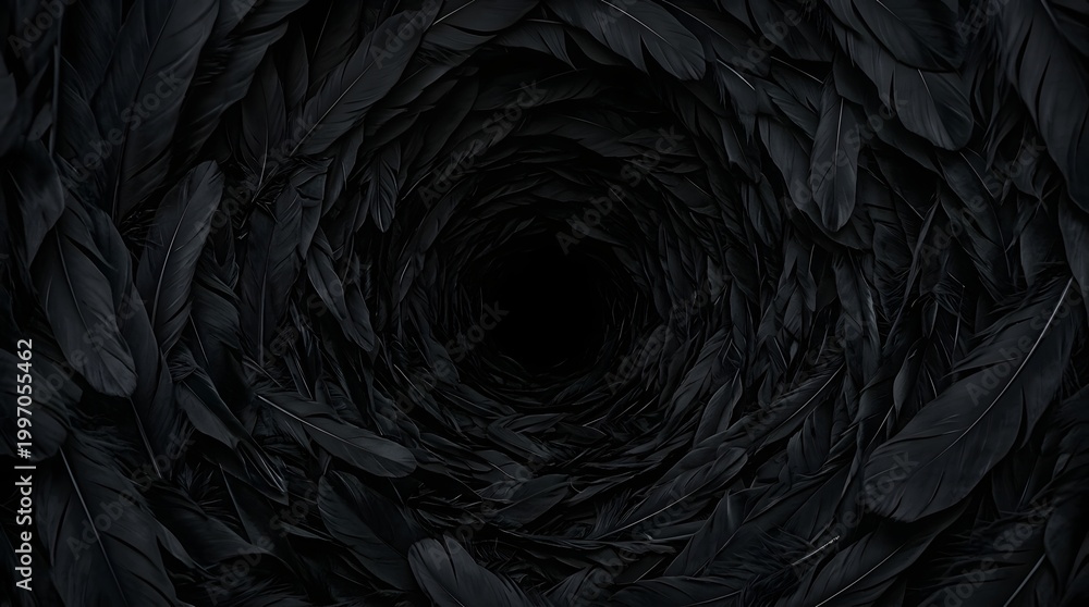 Fototapeta premium A dark tunnel of black feathers leads to a mysterious void