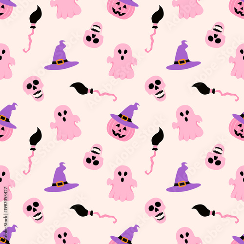 Adorable Halloween pattern with ghosts and witch hats. Great for fabric, stationery, and seasonal designs.