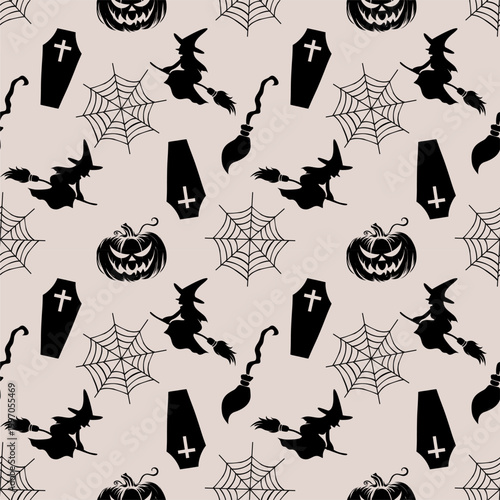 Spooky Halloween pattern with bats, coffins, and pumpkins. Perfect for fabric, packaging, and decorations.