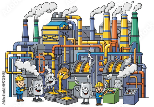 Cartoon industrial factory with workers and molten metal production process