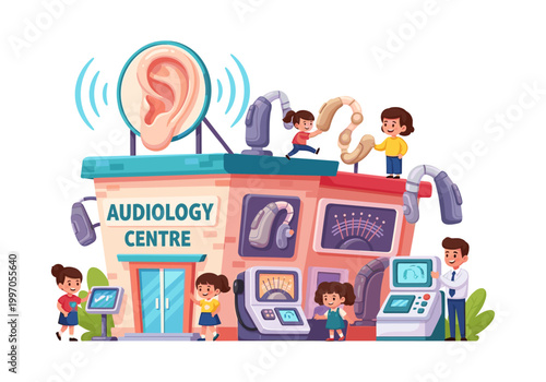 Children explore audiology center with ear care and hearing aids