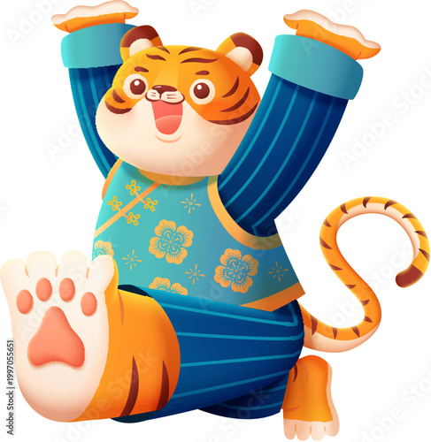 Happy Tiger in Costume Raising Hands