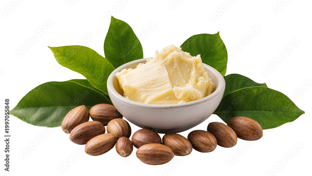 Naklejka premium Creamy Shea Butter in Ceramic Bowl with Palm Nuts and Green Leaves