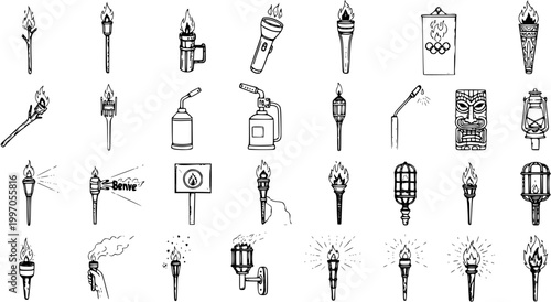 Fotografía Hand-drawn Sketch Icons: Collection of Various Torches, Flames, Lighting Devices