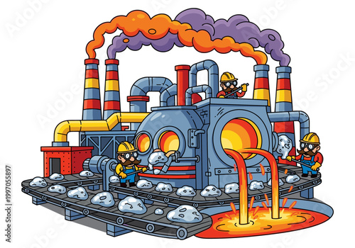 Cartoon industrial factory with workers processing molten metal and raw materials