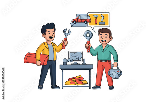 Two mechanics discussing car repair with tools and computer on table