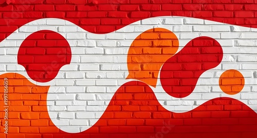 Colorful graffiti mural on red brick wall with white and orange abstract shapes, bold design, vibrant street art, urban creativity, modern mural, artistic expression, lively urban wall art.