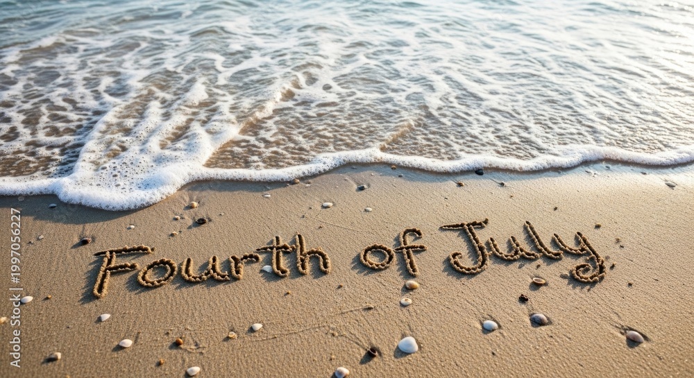 Fototapeta premium Festive 4th of july beach scene 'fourth of july' written in seashells on sandy shore