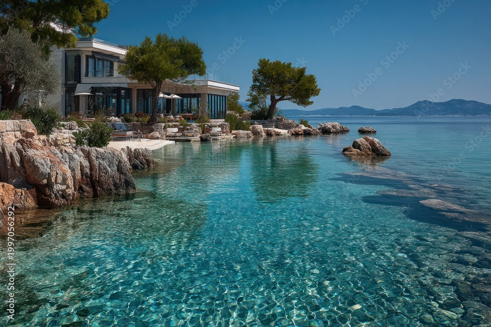 Fototapeta premium Luxurious coastal villa with crystal-clear sea views
