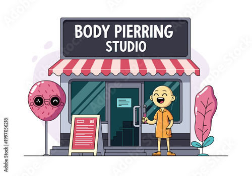 Friendly cartoon character outside a body piercing studio with a sign and awning