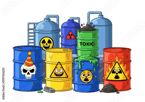 Cartoon hazardous waste barrels with funny faces and warning symbols