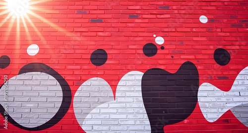 Vibrant graffiti mural on red brick wall featuring abstract shapes, bold b circles, and dynamic design, showcasing urban street art and creative expression in a colorful setting.