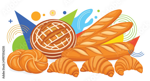 Assortment of fresh bakery products including baguettes, round loaves, and croissants arranged against a colorful geometric background.