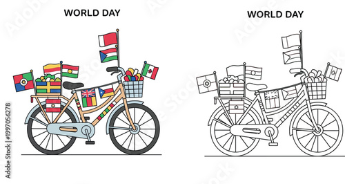 "World Day" Bicycle with International Flags and Produce - Global Unity and Sustainability Vector