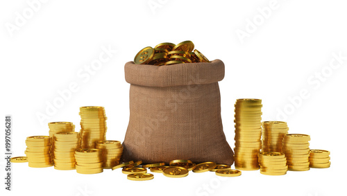 Konstfotografi Full burlap sack overflowing with stacked golden coins