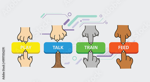 Animal paws reaching out to press colorful buttons labeled play, talk, train, and feed for an interactive pet care concept.