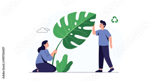 Man and woman interacting with a giant green monstera leaf under a recycling symbol for environmental awareness and nature conservation.