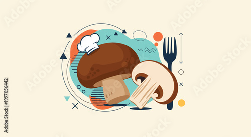 Brown and sliced mushrooms paired with a chef hat and a large fork for restaurant and culinary themed graphic designs.