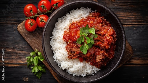 Delicious Beef Stew Served Over Fluffy White Rice in a Dark Bowl Garnished with Fresh Parsley and Cherry Tomatoes on a Rustic Wooden Tabletop