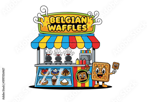 Cartoon Belgian waffle stand with happy waffle character and sweet treats