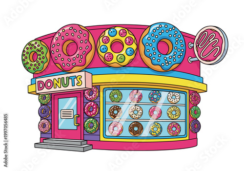 Colorful cartoon donut shop exterior with a variety of sweet treats displayed