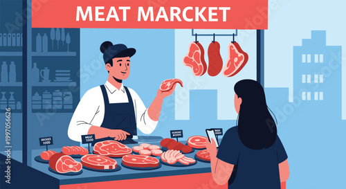 Scene at a meat market where a friendly butcher is showing a piece of meat to a customer over a counter filled with various cuts.