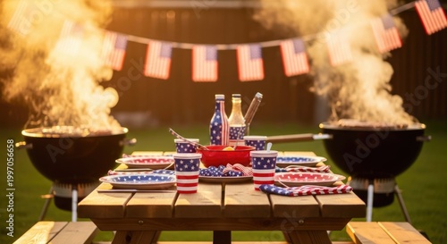 Festive 4th of july bbq backyard celebration with fireworks and patriotic decorations