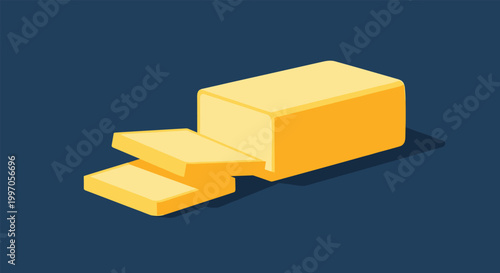 Solid block of yellow butter with two slices cut off shown in an isometric view on a dark blue background for food themes.