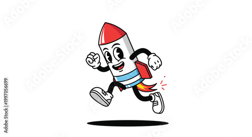 Fast moving cartoon rocket character with arms and legs running quickly for concepts of speed, progress, and startups.