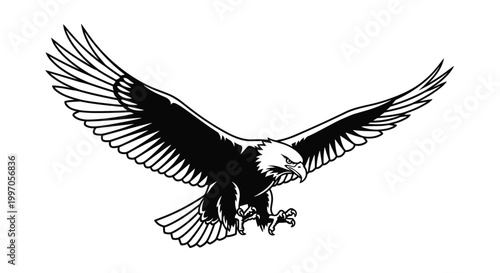 Powerful bald eagle in mid flight with its wings spread wide and talons ready in a detailed black and white illustration.