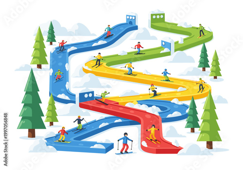 Vector illustration of a busy ski resort with multiple slopes and skiers enjoying winter sports