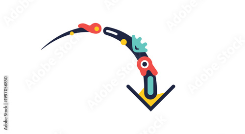 Creative curved arrow pointing downwards decorated with various colorful abstract icons and organic shapes on a white background.