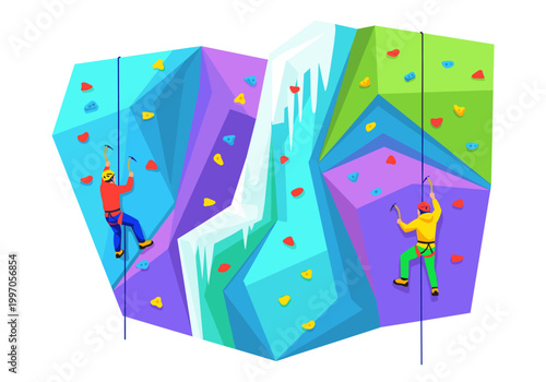 Two climbers ascend a colorful indoor climbing wall with ice formations