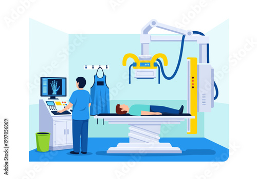 Radiology technician operates X-ray machine for patient examination in modern clinic