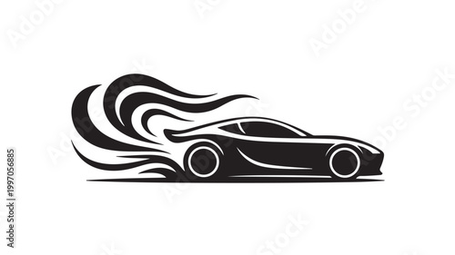 Black Sports Car Speeding With Flames On White Background For Racing Concepts