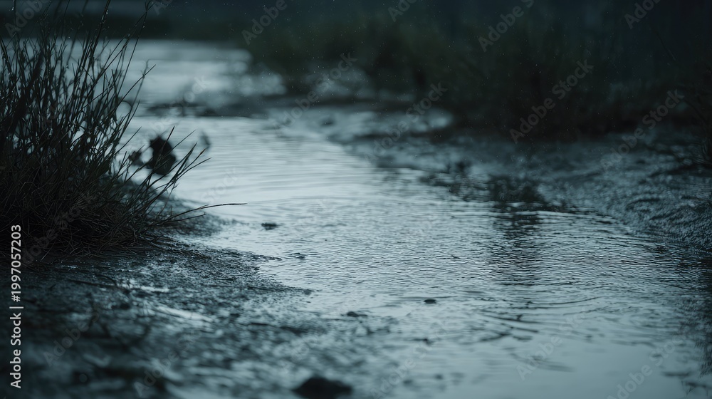 Obraz premium Rainwater pooling in a long, shallow puddle reflects the dark environment while drops create continuous ripples on the surface, with blurred grass lining the murky edge