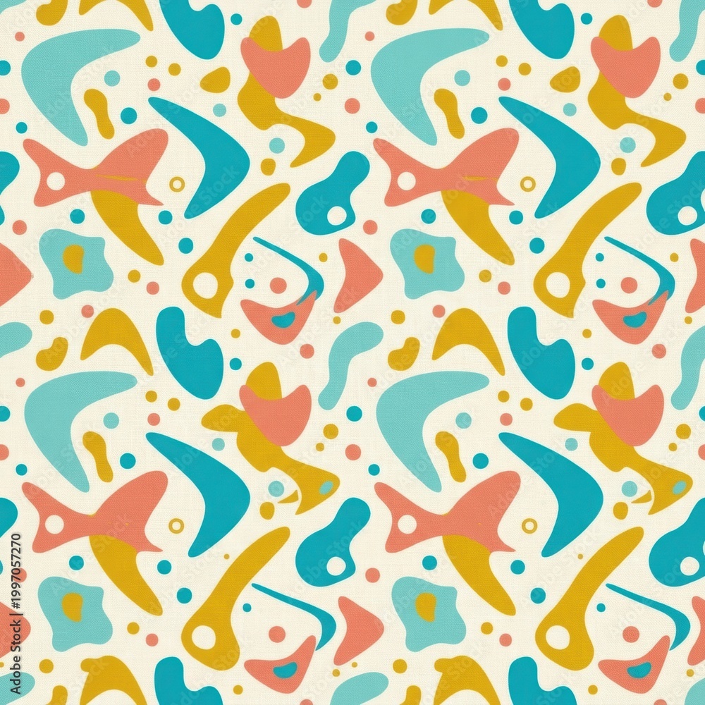Naklejka premium Repeating Pattern of Colorful Boomerangs and Abstract Shapes in High Fidelity Style for Design Projects and Textile Applications