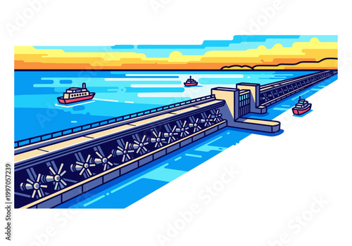 Modern hydroelectric dam with turbines and boats on the water at sunset