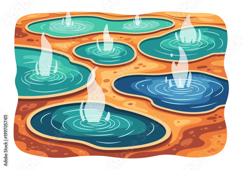 Colorful hot springs with steaming water jets erupting from pools