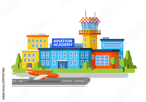 Modern aviation academy building with airplane on runway and control tower