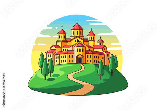 Stylized illustration of a grand monastery complex on a green hill at sunset