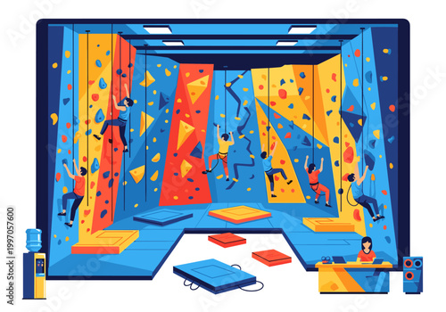 Indoor climbing gym with people scaling colorful walls and safety mats below
