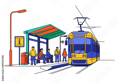 People waiting for a modern tram at a colorful urban station platform