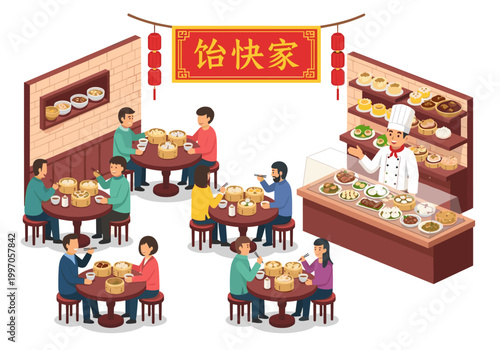 People enjoying delicious dim sum at a bustling Chinese restaurant with a chef presenting food