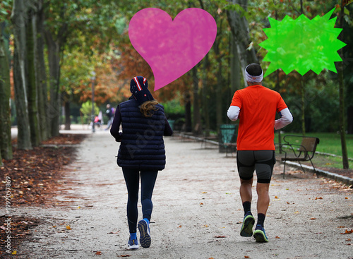 Fotografie Globo, bocadillo y viñeta de dos corredores de footing en diálogo, conversación,